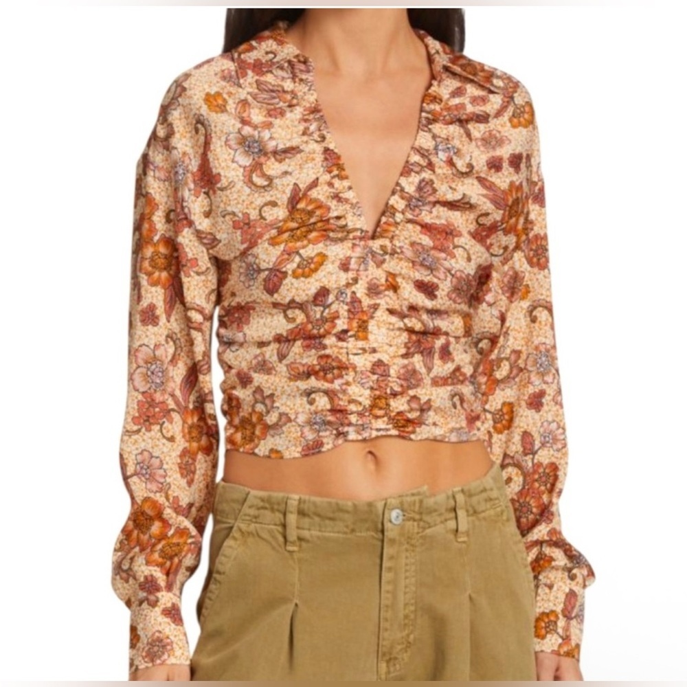 Free People Floral Ruched Crop Top Boho Paisley Long Sleeve Blouse Size S